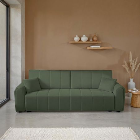Canapé droit GIORGIO convertible tissu bouclette vert kaki 3 places