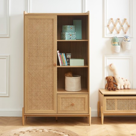 Armoire enfant PABLO effet bois et cannage rotin 1 porte et 1 tiroir