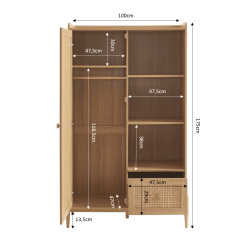 Armoire enfant PABLO effet bois et cannage rotin 1 porte et 1 tiroir