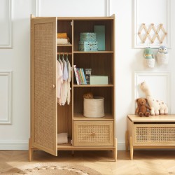 Armoire enfant PABLO effet bois et cannage rotin 1 porte et 1 tiroir