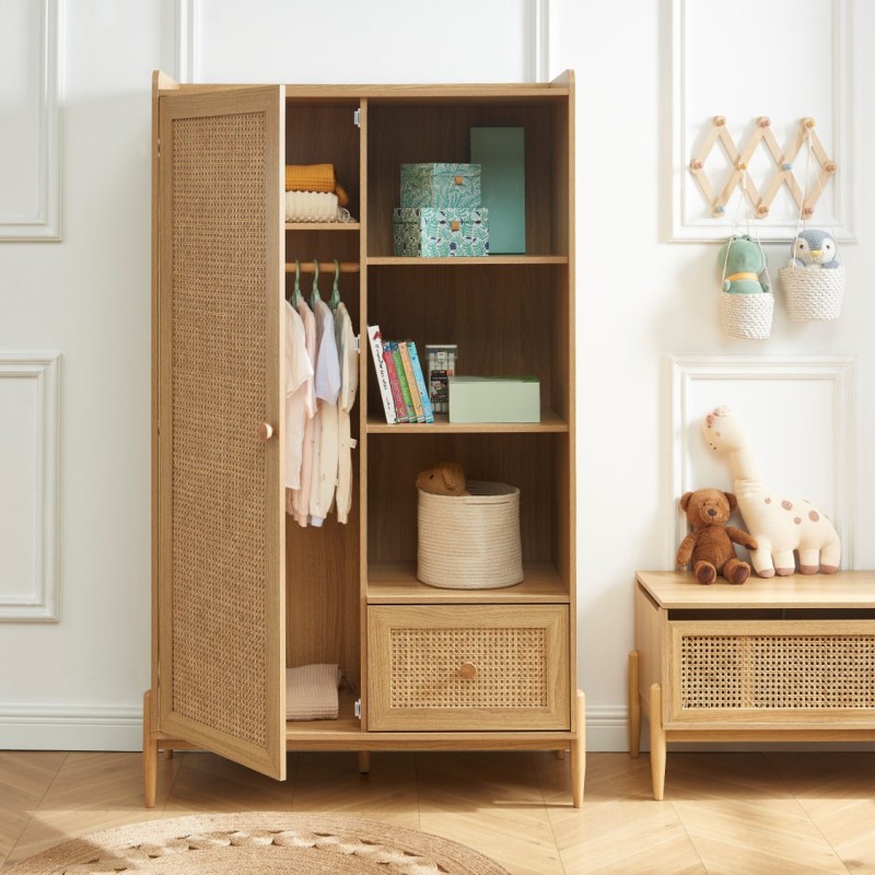 Armoire enfant PABLO effet bois et cannage rotin 1 porte et 1 tiroir