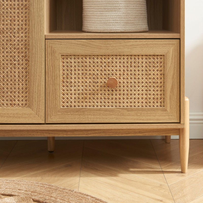Armoire enfant PABLO effet bois et cannage rotin 1 porte et 1 tiroir