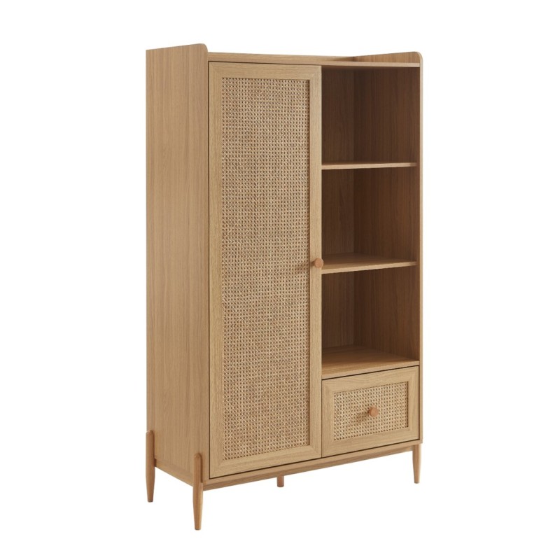 Armoire enfant PABLO effet bois et cannage rotin 1 porte et 1 tiroir
