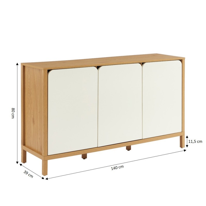 Buffet KILDA effet chêne 3 portes blanches 140cm