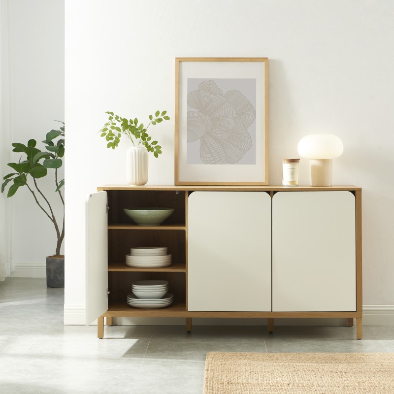 Buffet KILDA effet chêne 3 portes blanches 140cm