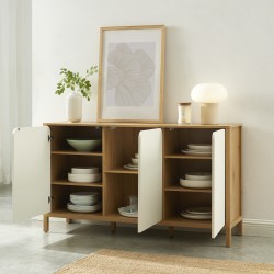 Buffet KILDA effet chêne 3 portes blanches 140cm