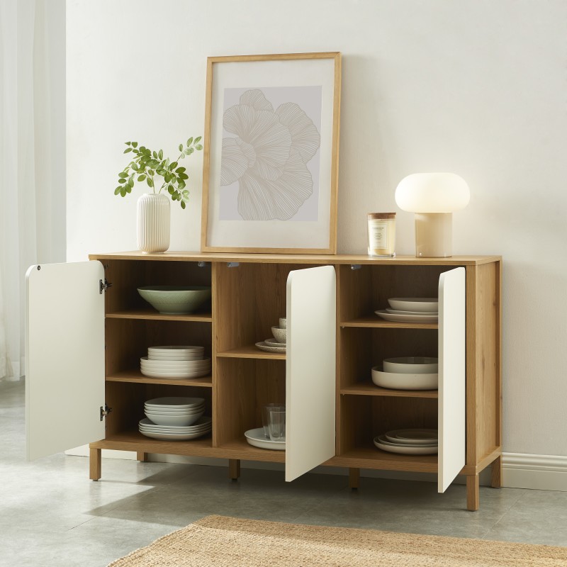 Buffet KILDA effet chêne 3 portes blanches 140cm