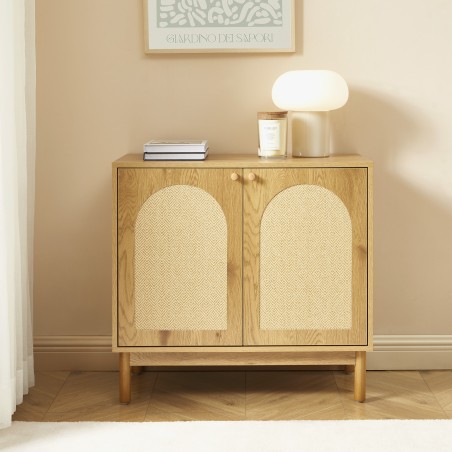Buffet BAAMA effet chêne et rotin naturel 2 portes 80cm