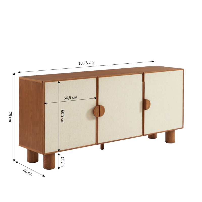 Buffet GASTON 3 portes placage frêne et tissu 170cm