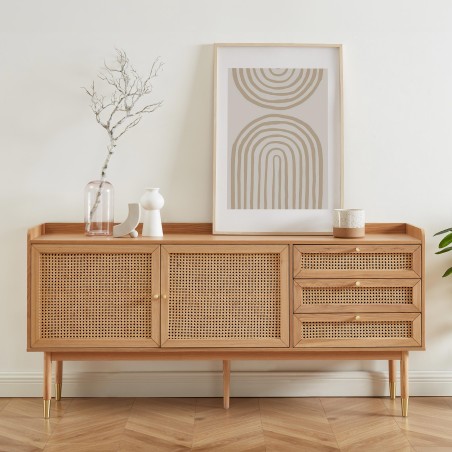Buffet LEON chêne et cannage rotin 180cm