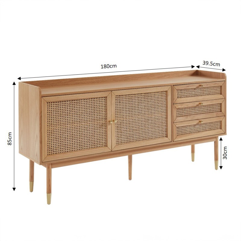 Buffet LEON chêne et cannage rotin 180cm