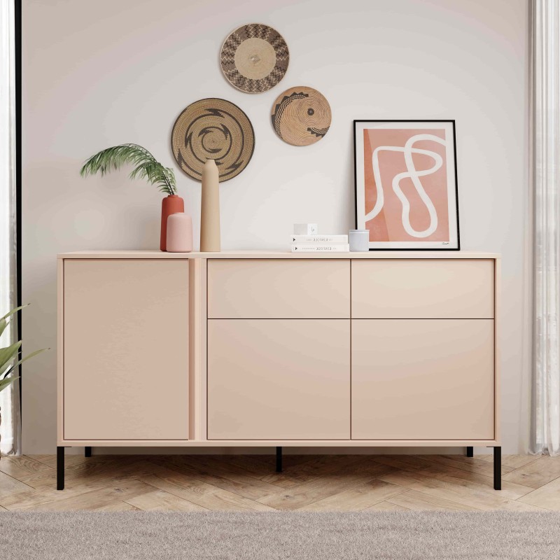Buffet HULDA beige 3 portes 2 tiroirs 153cm