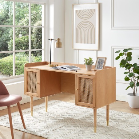 Bureau LEON chêne et cannage rotin 130cm