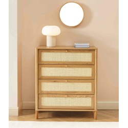 Commode HAIDA 4 tiroirs effet chêne et rotin 80cm