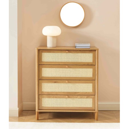 Commode HAIDA 4 tiroirs effet chêne et rotin 80cm