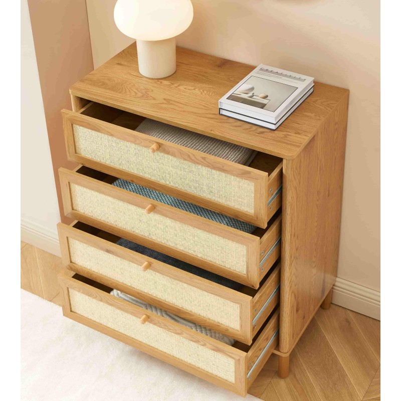Commode HAIDA 4 tiroirs effet chêne et rotin 80cm