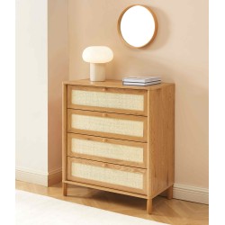 Commode HAIDA 4 tiroirs effet chêne et rotin 80cm