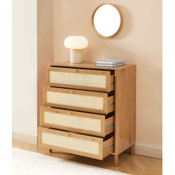 Commode HAIDA 4 tiroirs effet chêne et rotin 80cm