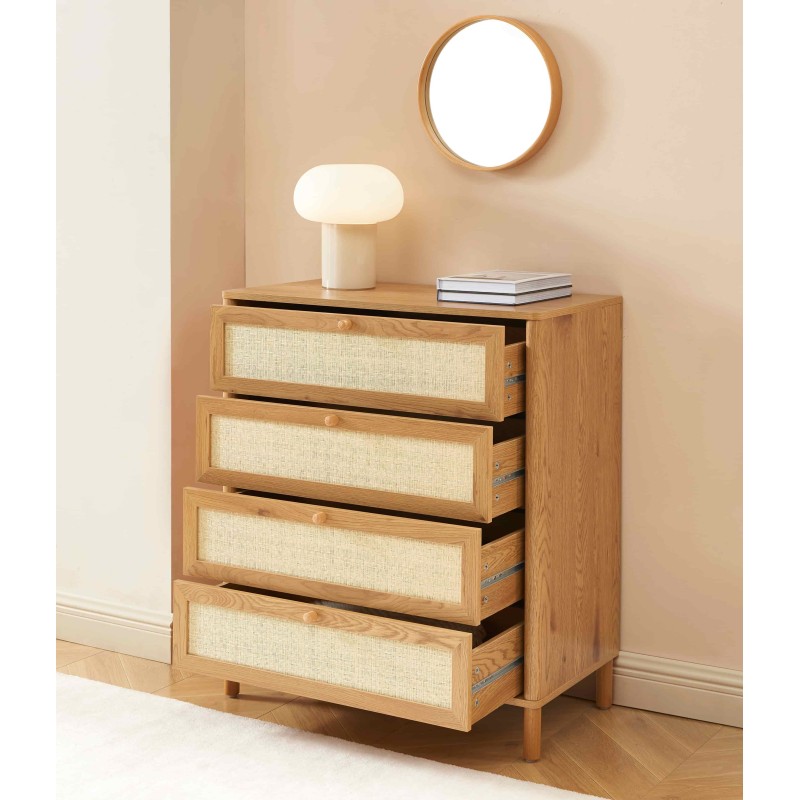 Commode HAIDA 4 tiroirs effet chêne et rotin 80cm