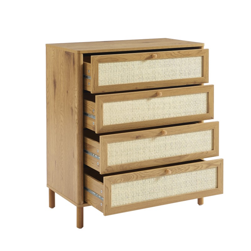 Commode HAIDA 4 tiroirs effet chêne et rotin 80cm