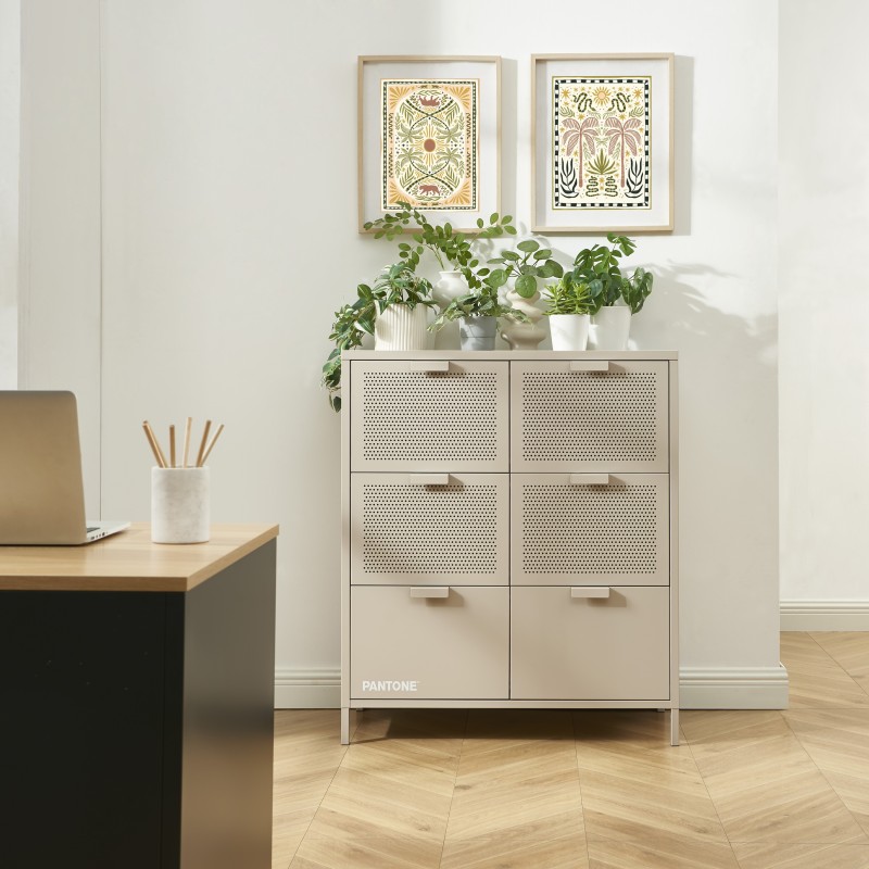 Commode PANTONE métal taupe 6 tiroirs 90cm