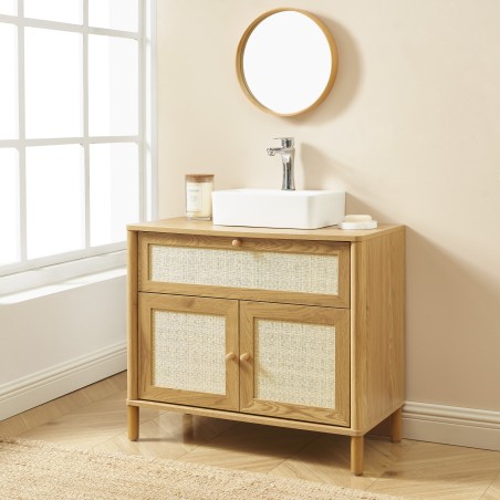 Meuble de salle de bain HAIDA effet chêne et rotin 80cm