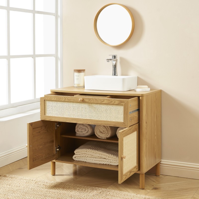 Meuble de salle de bain HAIDA effet chêne et rotin 80cm