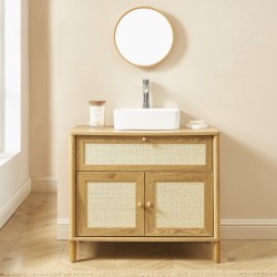 Meuble de salle de bain HAIDA effet chêne et rotin 80cm
