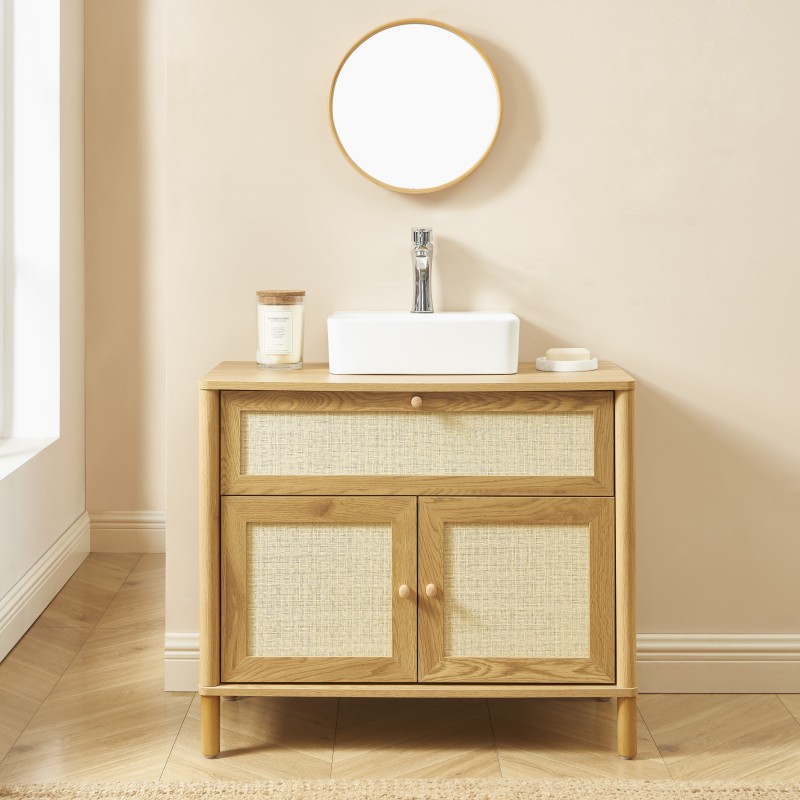 Meuble de salle de bain HAIDA effet chêne et rotin 80cm