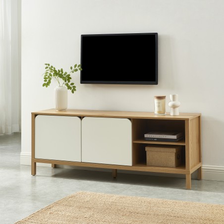 Meuble TV KILDA effet chêne et portes blanches 140cm