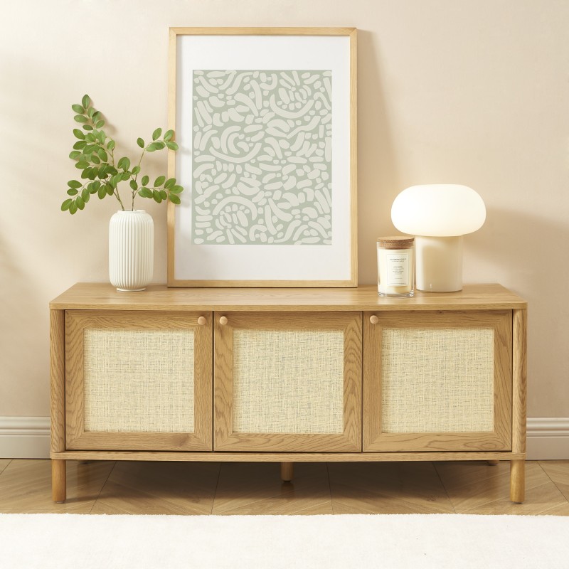Meuble TV HAIDA effet chêne et rotin 120cm