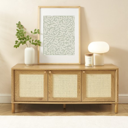 Meuble TV HAIDA effet chêne et rotin 120cm