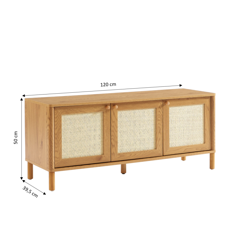 Meuble TV HAIDA effet chêne et rotin 120cm