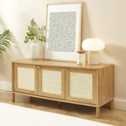 Meuble TV HAIDA effet chêne et rotin 120cm