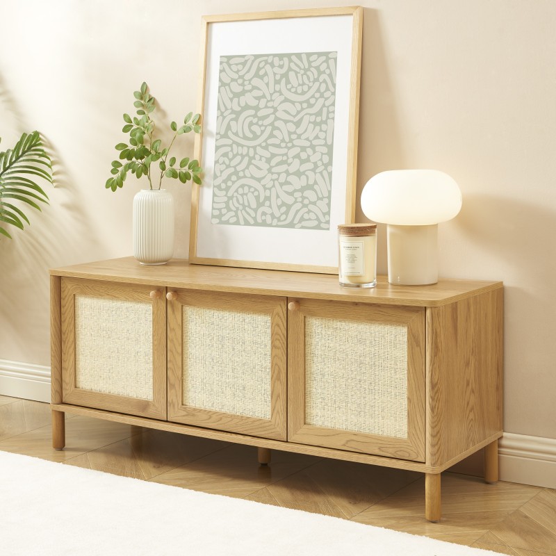 Meuble TV HAIDA effet chêne et rotin 120cm