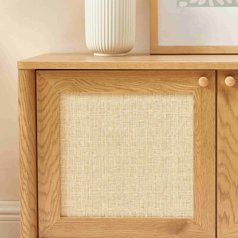 Meuble TV HAIDA effet chêne et rotin 120cm
