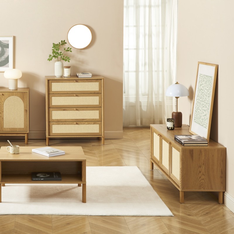 Meuble TV HAIDA effet chêne et rotin 120cm
