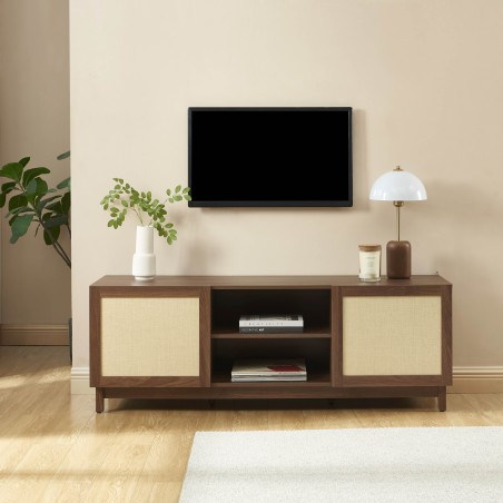 Meuble TV HARIA effet noyer et rotin 150cm