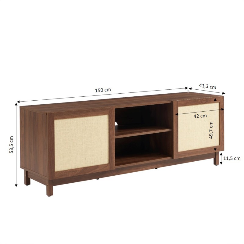 Meuble TV HARIA effet noyer et rotin 150cm