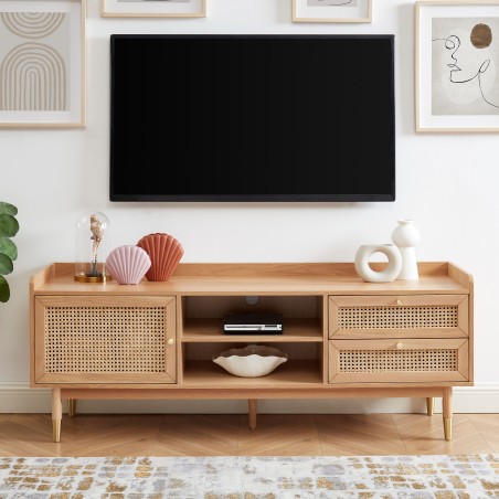 Meuble TV LEON chêne et cannage rotin 160cm