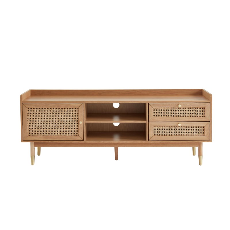 Meuble TV LEON chêne et cannage rotin 160cm