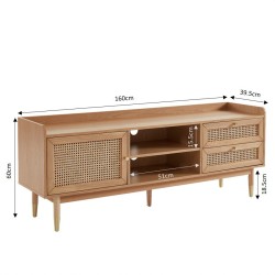 Meuble TV LEON chêne et cannage rotin 160cm