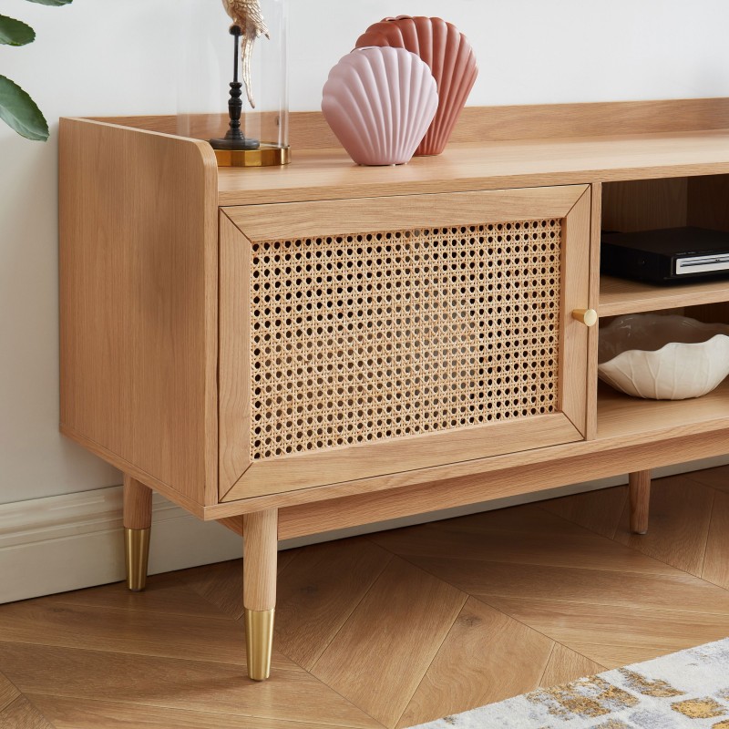 Meuble TV LEON chêne et cannage rotin 160cm