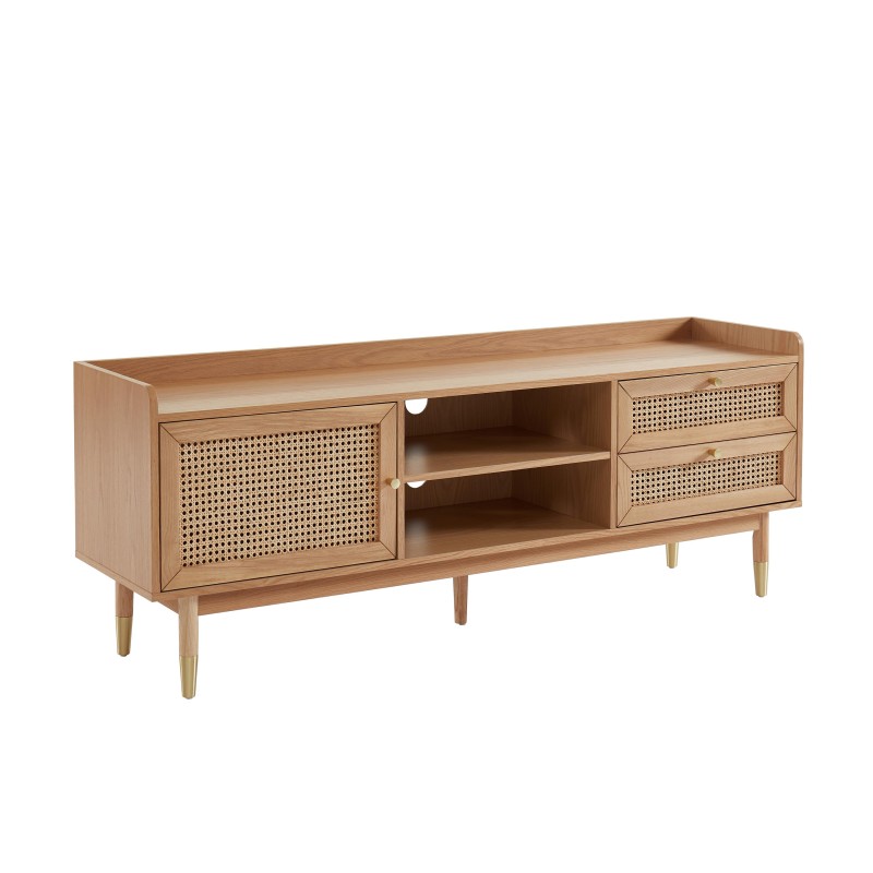 Meuble TV LEON chêne et cannage rotin 160cm