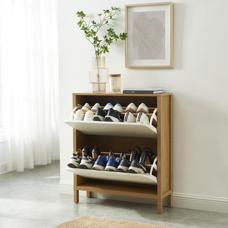 Meuble à chaussures KILDA effet chêne et portes blanches