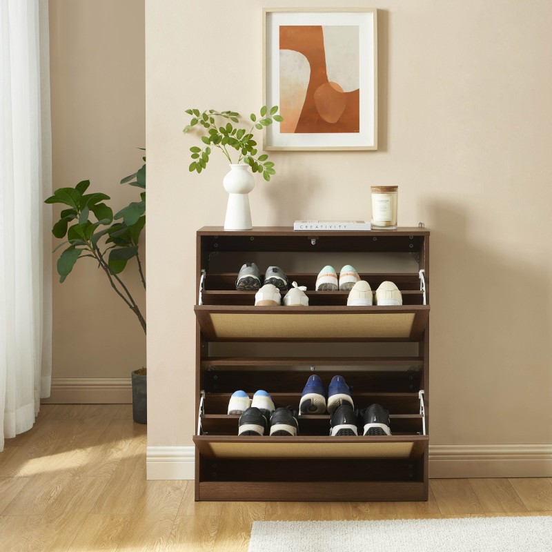 Meuble à chaussures HARIA effet noyer et rotin