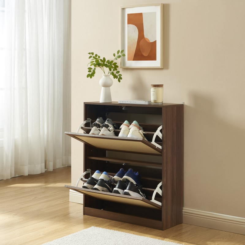 Meuble à chaussures HARIA effet noyer et rotin