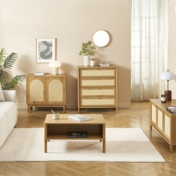 Table basse HAIDA effet chêne et rotin