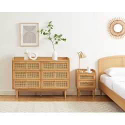 Table de chevet LEON placage chêne et cannage rotin 40cm