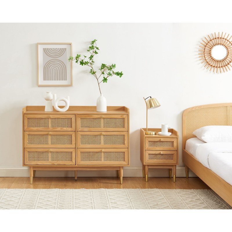 Table de chevet LEON placage chêne et cannage rotin 40cm